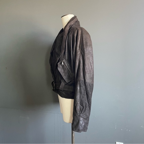Vintage Lamb Leather Draped Jacket Belted Brown Cropped Moto Oversized Biker - Picture 6 of 10